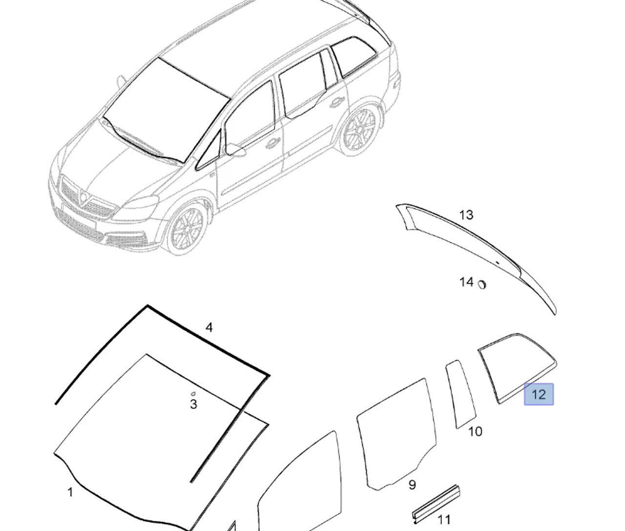 Window Rear Quarter Left fits Opel Vauxhall Zafira B 13123931 Genuine View Front