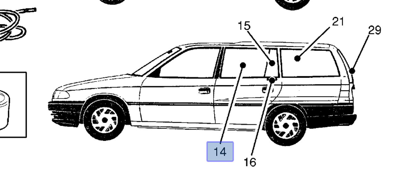 Window Rear Door Right Green Tinted fits Opel Vauxhall Astra F Classic Genuine 90360438 View Front