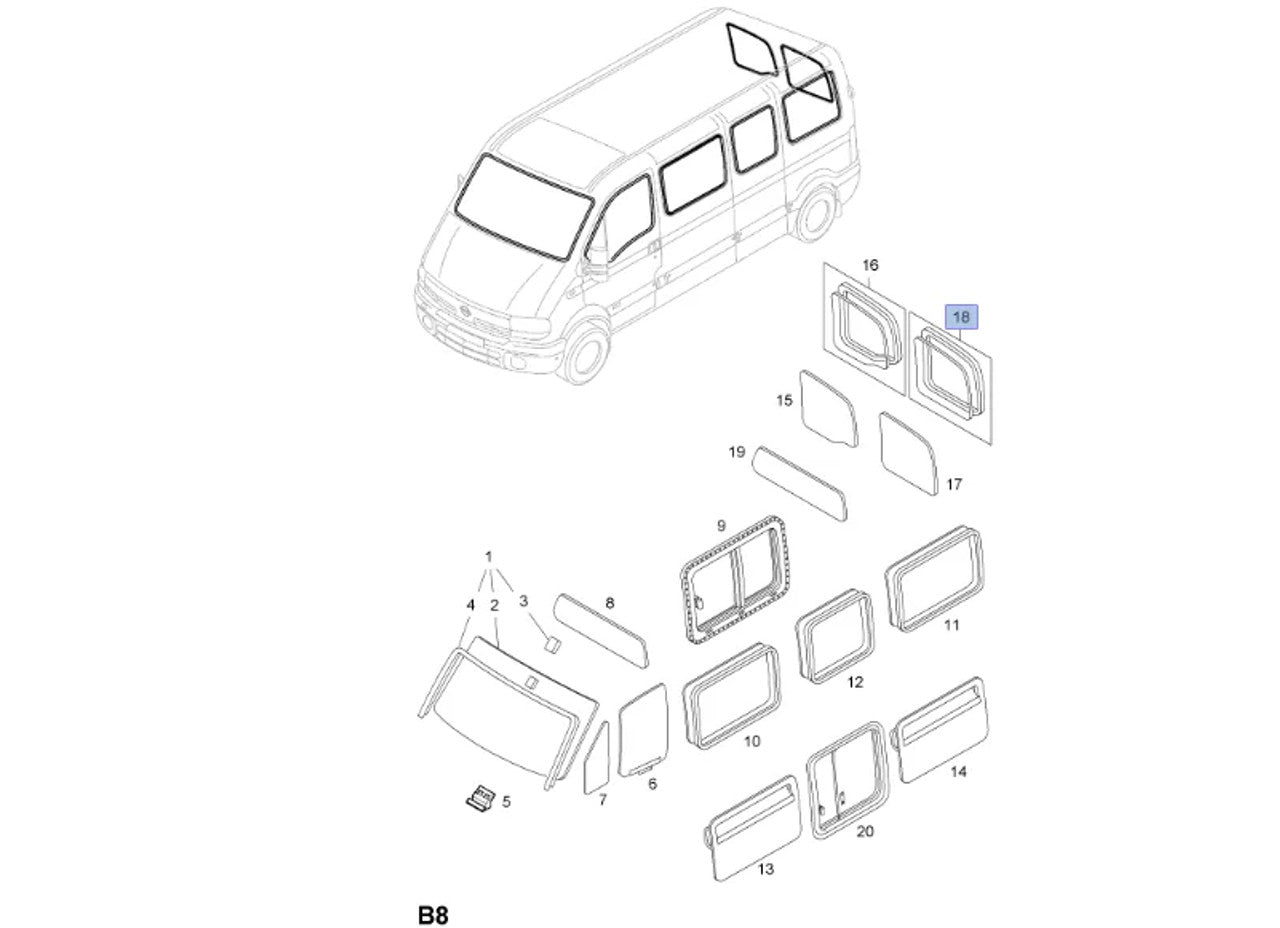 Window Back Door Left fits Opel Vauxhall Movano A Renault Master 9161576 Genuine View Front