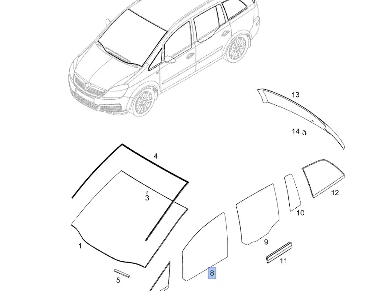 Window Front Door Left fits Opel Vauxhall Zafira B 93184335 Genuine View Front