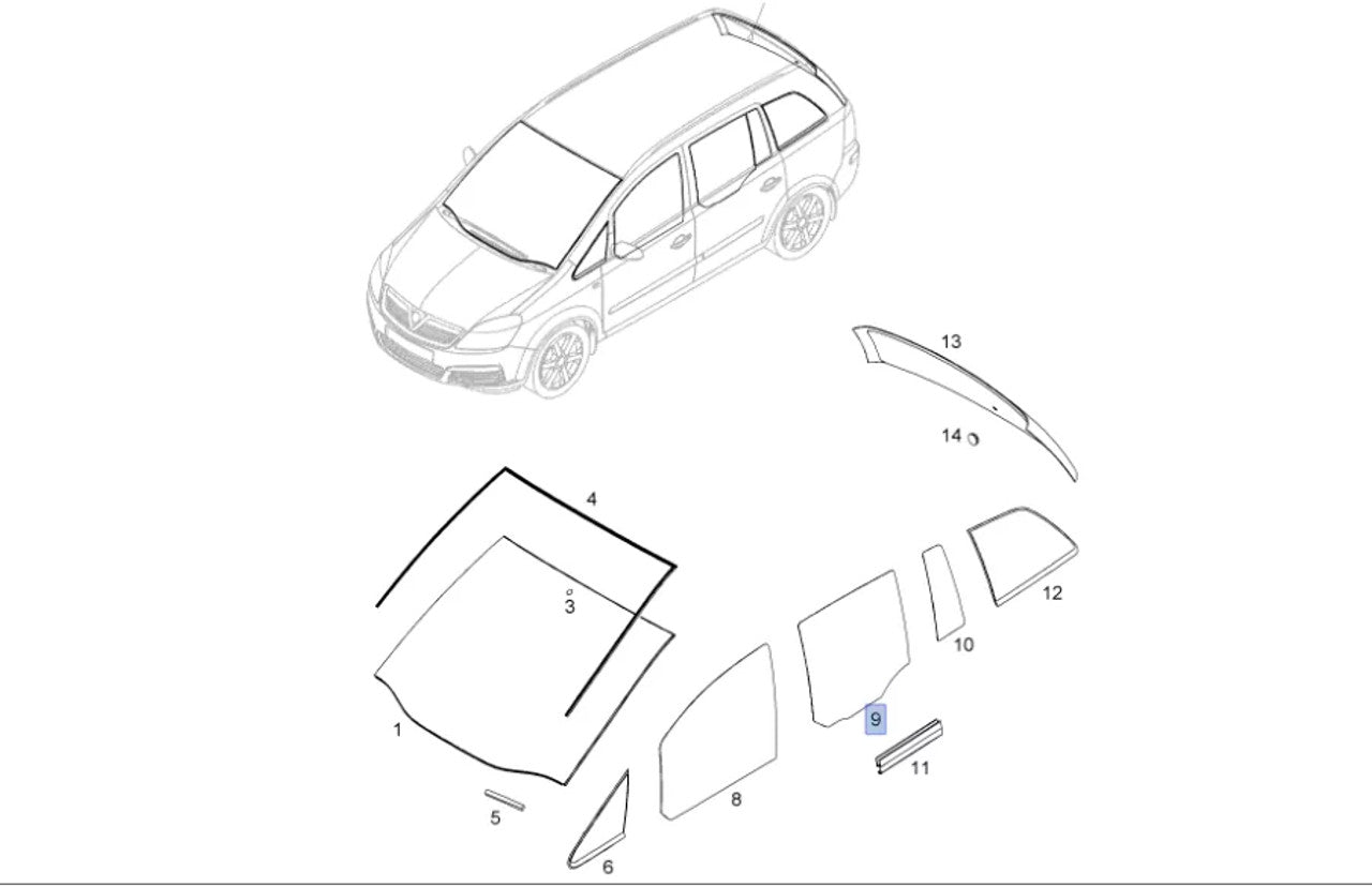 Window Rear Door Right Tinted fits Opel Vauxhall Zafira B 93184338 Genuine View Front