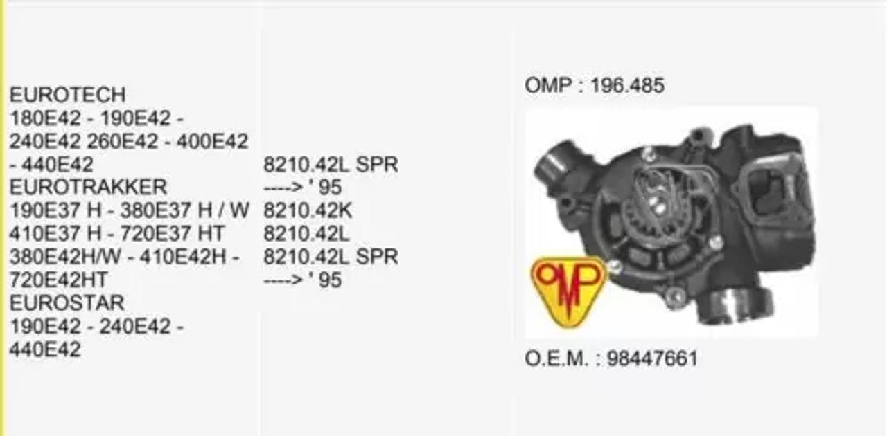 Water Pump fits Iveco New Holland 6 cylinder 821042 engines - 98447661 OMP-196-485 View Left