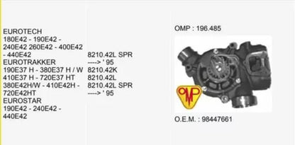 Water Pump fits Iveco New Holland 6 cylinder 821042 engines - 98447661 OMP-196-485 View Left
