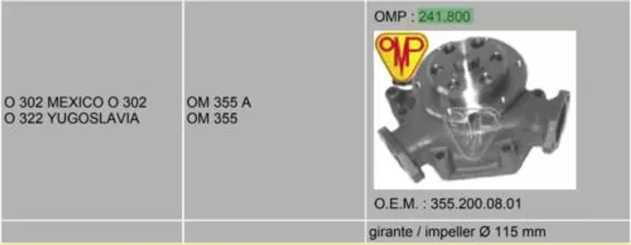 Water Pump fits Mercedes Benz Trucks T2/L OM355 6 cylinder 3552000801 OMP-241-800 View Right