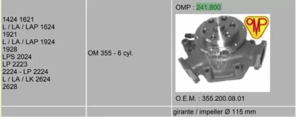 Water Pump fits Mercedes Benz Trucks T2/L OM355 6 cylinder 3552000801 OMP-241-800 View Left